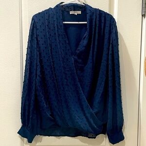 NEW…Beacon Apparel Navy Blue Wrap Long Sleeve Blouse